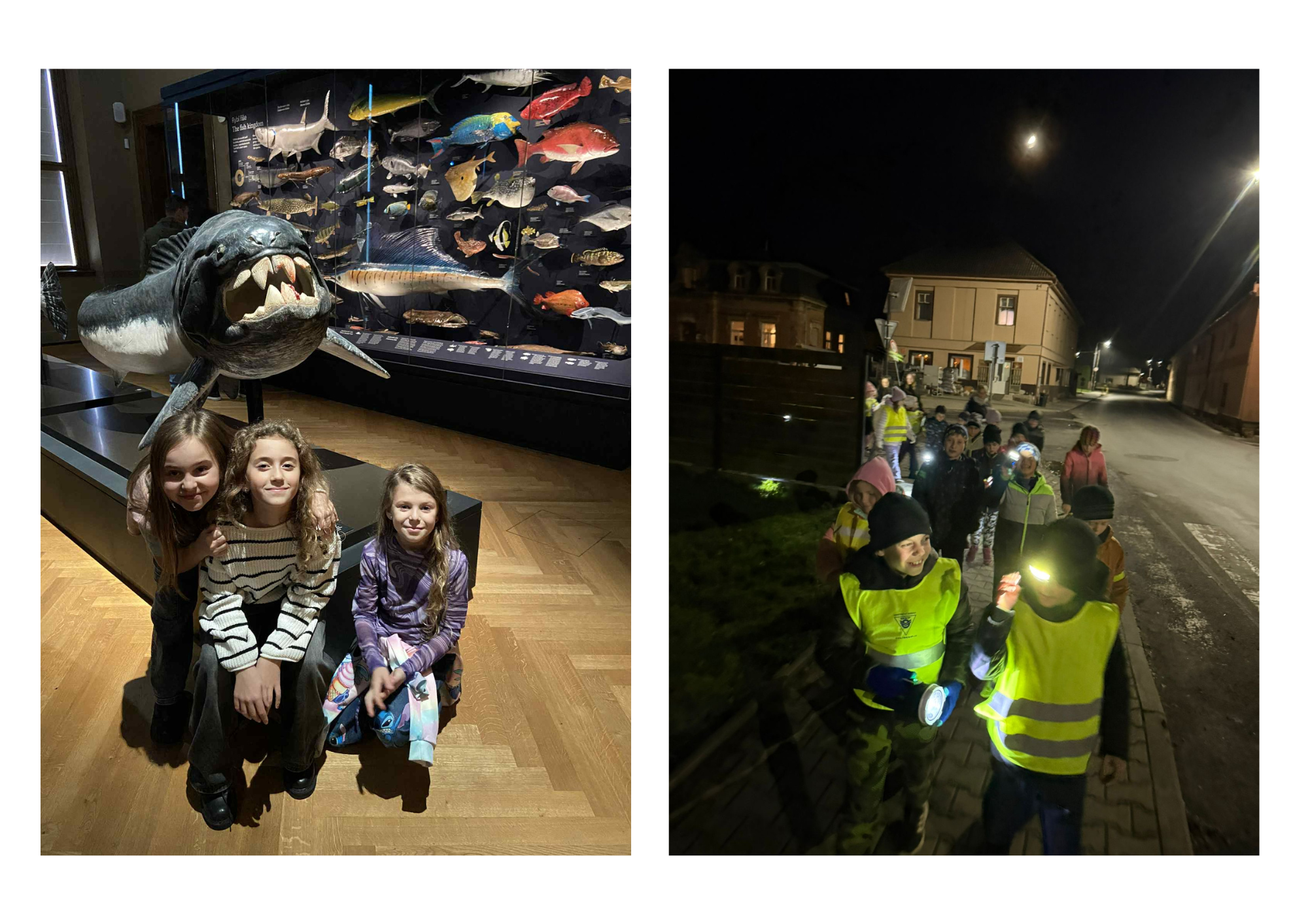 Foto dětí v Národním muzeu a foto dětí při večerní procházce.