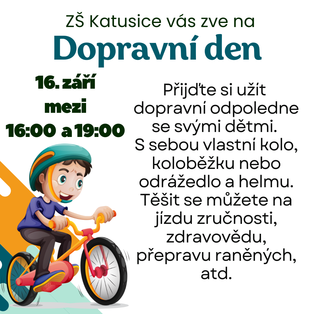 Dopravní den. Hravé a edukativní odpoledne pro celou rodinu.  Akce bude probíhat 16. 9. od 16 do 19 h.  Dorazit můžete kdykoli v daném časovém rozmezí.